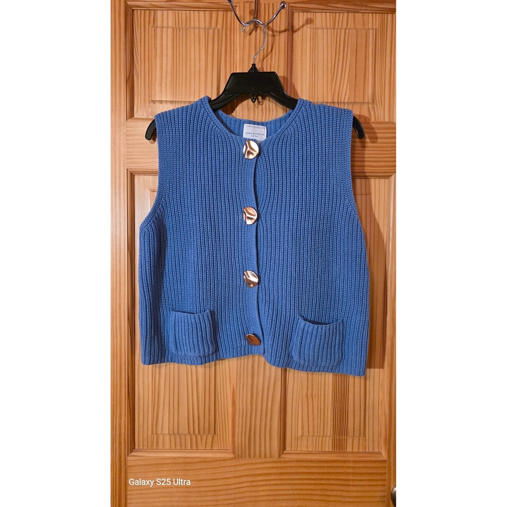 Soho & Stella Blue Knit Cardigan Vest Gold Button Ribbed Sleeveless ST23846 M
